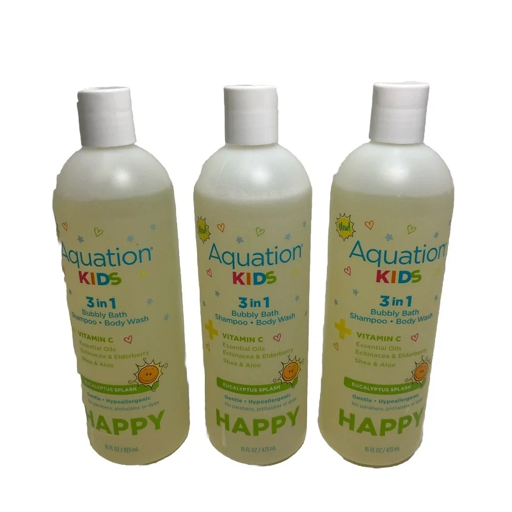 (3) Aquation Kids 3 in 1 HAPPY Bubbly Bath, Shampoo & Body Wash 16 Oz Eucalyptus